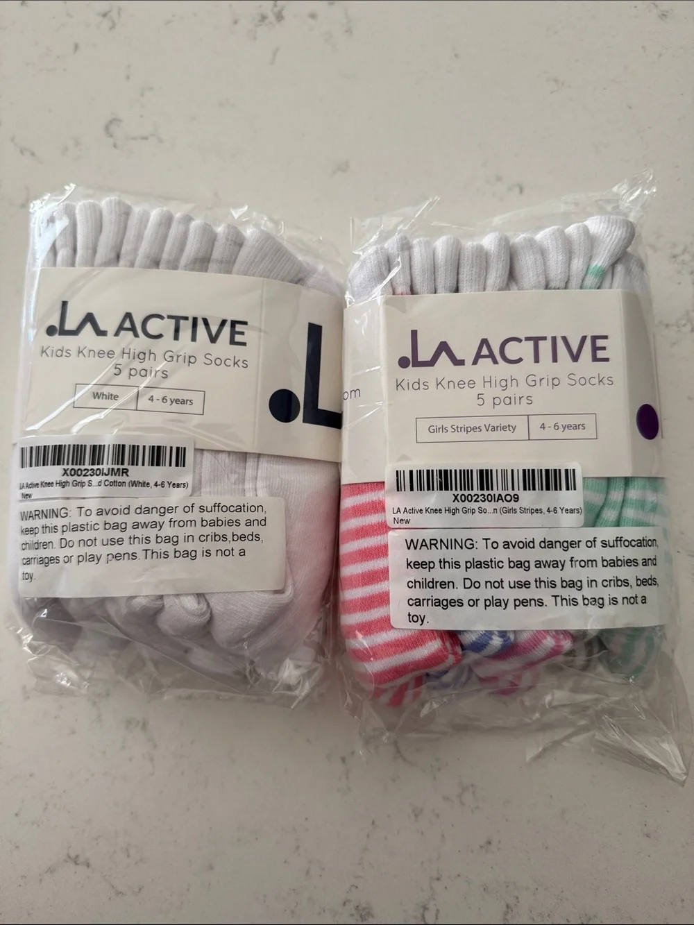 Active USA Kids Knee High Grip Socks - White, Pink & Green Stripes (10 pairs)